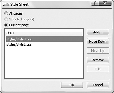 Linking style sheets is accomplished using the Link Style Sheet dialog. You can adjust the order of linked style sheets as well.