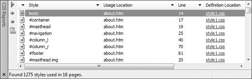 Results of CSS reports are displayed in the CSS Reports task pane. From here, you can easily access CSS code in your pages and CSS files.