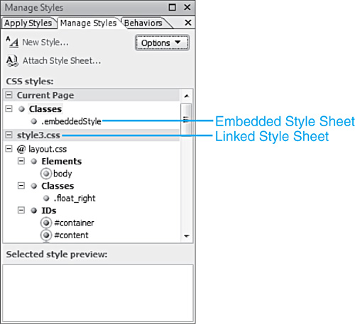 The Manage Styles task pane sections off each style sheet. In this case, there is one linked style sheet and one embedded style sheet.