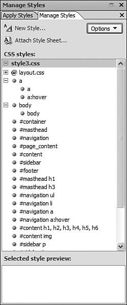 When Categorize by Element is selected, each HTML element will be listed with inherited styles nested underneath.