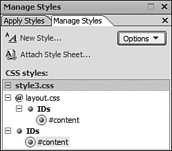 Using the Manage Styles task pane, it’s simple to find out exactly where certain styles originate. In this case, the content CSS ID is defined in both layout.css and style3.css.