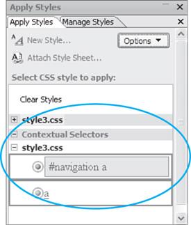 The Contextual Selectors section of the Apply Styles task pane displays styles that are defined using HTML selectors.