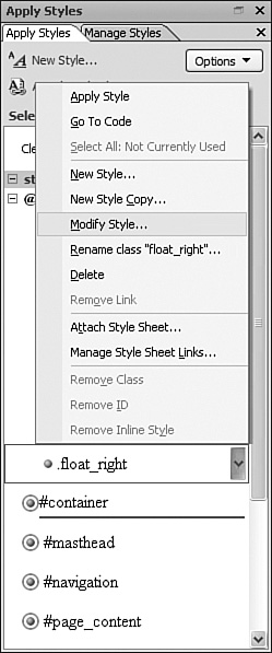 Working with styles using the Apply Styles task pane is similar to using the Manage Styles task pane. The menu shown here is available in both task panes.