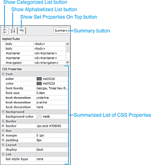 The series of buttons at the top of the CSS Properties task pane make it easy to adjust the display.