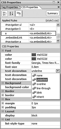 Changing CSS properties is accomplished using the drop-down menu of valid property assignments.