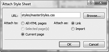 CSS style sheets are attached or imported using the Attach Style Sheet dialog. You can add style sheets to the current page, pages selected in the Folder List, or to all pages.