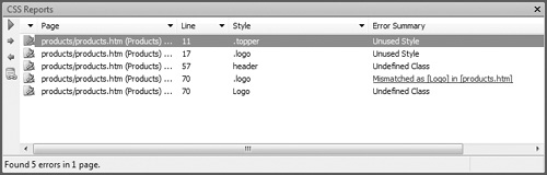 The CSS Reports task pane displays CSS report results, making it easy to locate and correct errors.