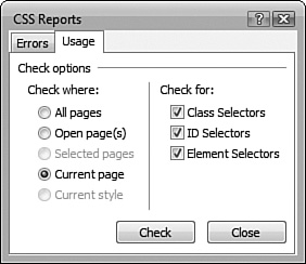 The Usage tab allows you to run reports that detail how CSS is being used in your Web site.