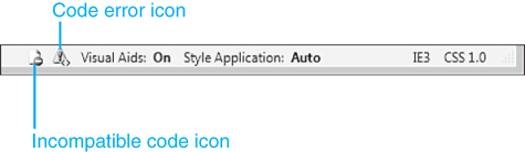 In Code View, icons will appear on the Status Bar when a code problem is found. Both code errors and code incompatibilities are present in this document.