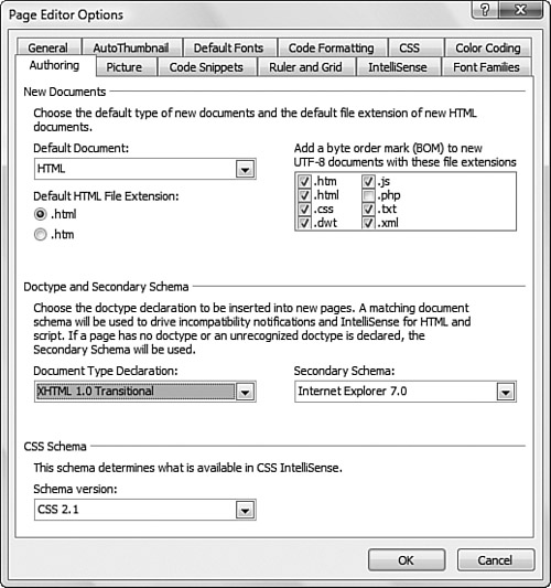 The doctype and schema are configured in the Page Editor Options dialog.