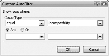 Compatibility errors can be custom filtered using the Custom AutoFilter dialog.