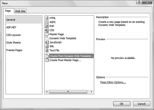 The New dialog allows you to choose a Dynamic Web Template when a page is created.