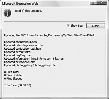 Expression Web 2 can display a report of updates to attached pages.