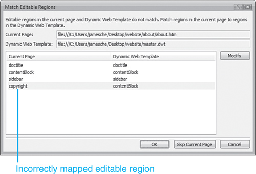 In this case, the recommended mapping is wrong. The existing copyright editable region needs to be mapped to the newly renamed copyrightStatement editable region.