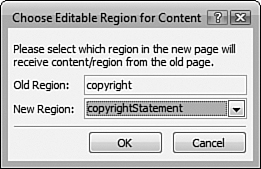 Select the correct editable region from the Choose Editable Region for Content dialog to remap it.