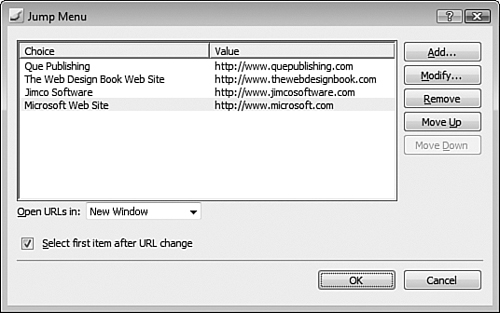 Items are added to a jump menu by specifying the text to appear and the URL to which the item should link.