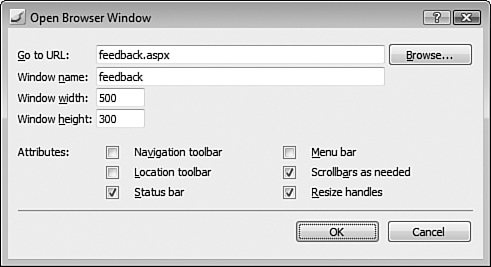 Easily create pop-up windows with specific configurations using the Open Browser Window behavior.