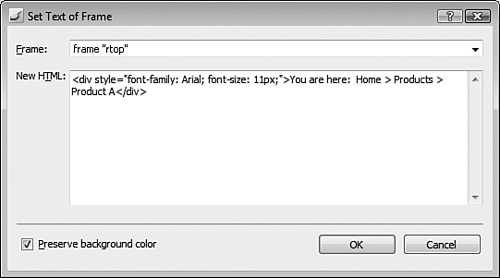 The Set Text of Frame behavior allows you to maintain the current background color after setting a frame’s HTML.