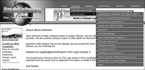 Flyout menus, such as this one on the Jimco Software Web site, are created with DHTML code.