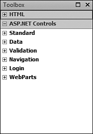 The Toolbox in Expression Web 2 makes it easy to add ASP.NET controls to your page.