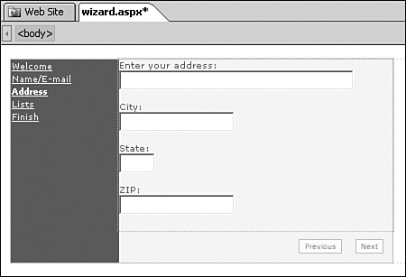 Step 3 of the Wizard control contains many form fields used to collect the user’s address.