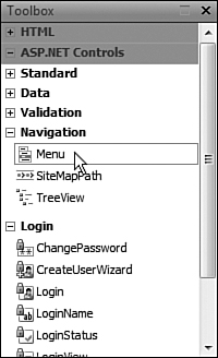 The Menu control is located in the Navigation section of the ASP.NET controls toolbox.