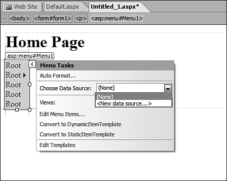 The Menu Tasks dialog makes it easy to configure a Menu control, including connecting it to a sitemap file in your Web site.