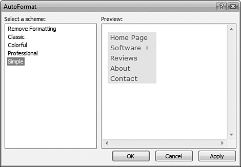 The AutoFormat dialog contains four different formats for the Menu control. The Remove Formatting option allows you to easily remove any previously applied formatting.