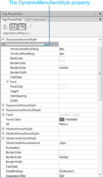 The DynamicMenuItemStyle controls the appearance of dynamic menu items. The easiest way to modify it is via the Tag Properties task pane.