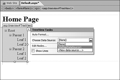 The TreeView control uses the same SiteMapDataSource1 used by the Menu control.