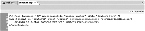 Expression Web 2 adds a Content control to the page when custom content is created. Notice the absence of standard HTML tags such as <head>, <html>, and <body>.