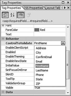 The ControlToValidate property can be set easily using the drop-down in the Tag Properties pane.