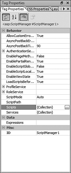 You can use the Scripts property in the Tag Properties task pane to add your own scripts to the ScriptManager control.
