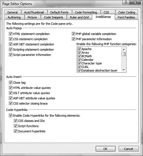 Set PHP IntelliSense options in the Page Editor Options dialog box.