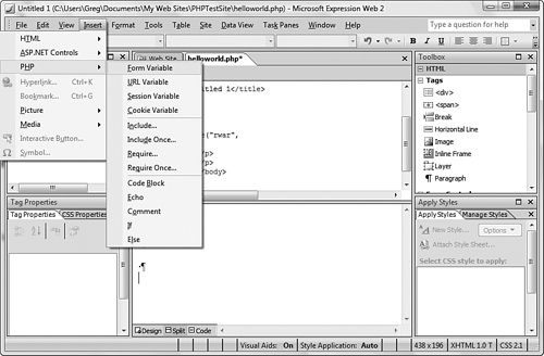 Add segments of PHP script into a page from the Insert menu.