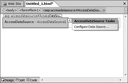 Configuring a data source is easily done using the Configure Data Source link in the AccessDataSource Tasks pop-up.