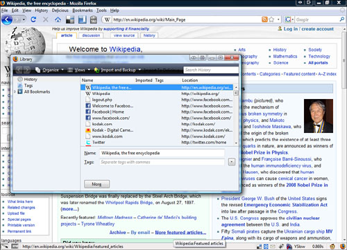 Firefox with History open.