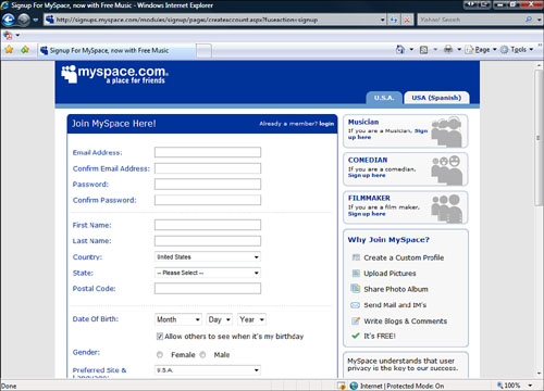 The MySpace account creation page.