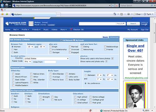 The Browse Users page on MySpace.com.