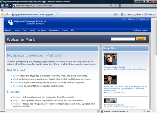 The MySpace Developer Platform community site.