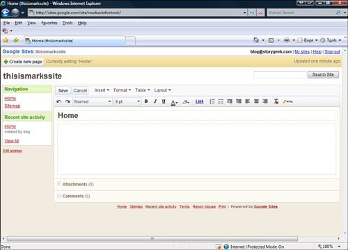 The Google Sites page editor.