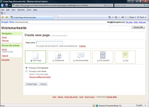 The Create New Page screen.