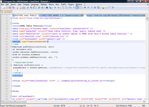 A web page seen in Notepad++.