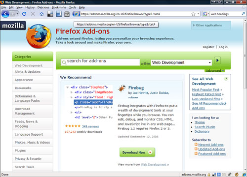 The Web Development section of the Firefox Add-ons website.