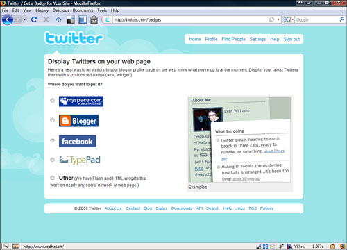 Add Twitter badges through this part of their website (http://twitter.com/badges).