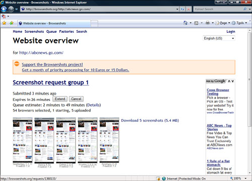 Browser Shots showing several different views of the same web page on different browsers.