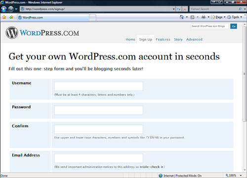 The Sign Up page for WordPress.com.