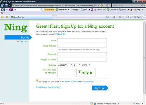 The Sign Up for Your Ning Account page.