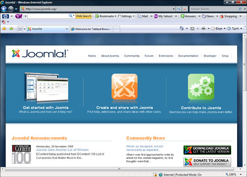 The Joomla home page.