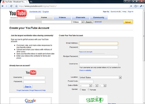 The YouTube account signup page.